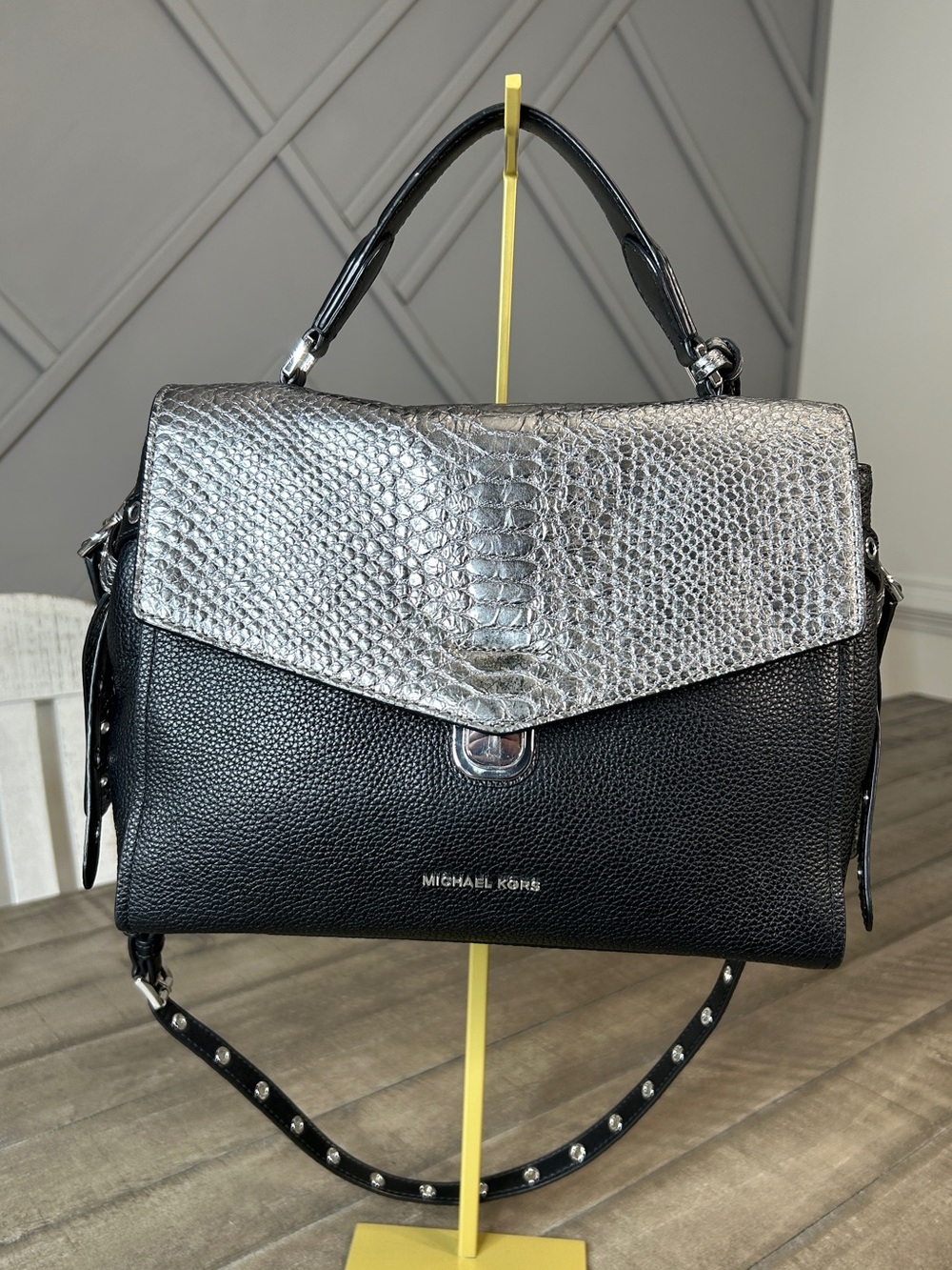 Michael Kors Bristol Medium Satchel Black Pewter Snakeskin Flap Crossbody Bag